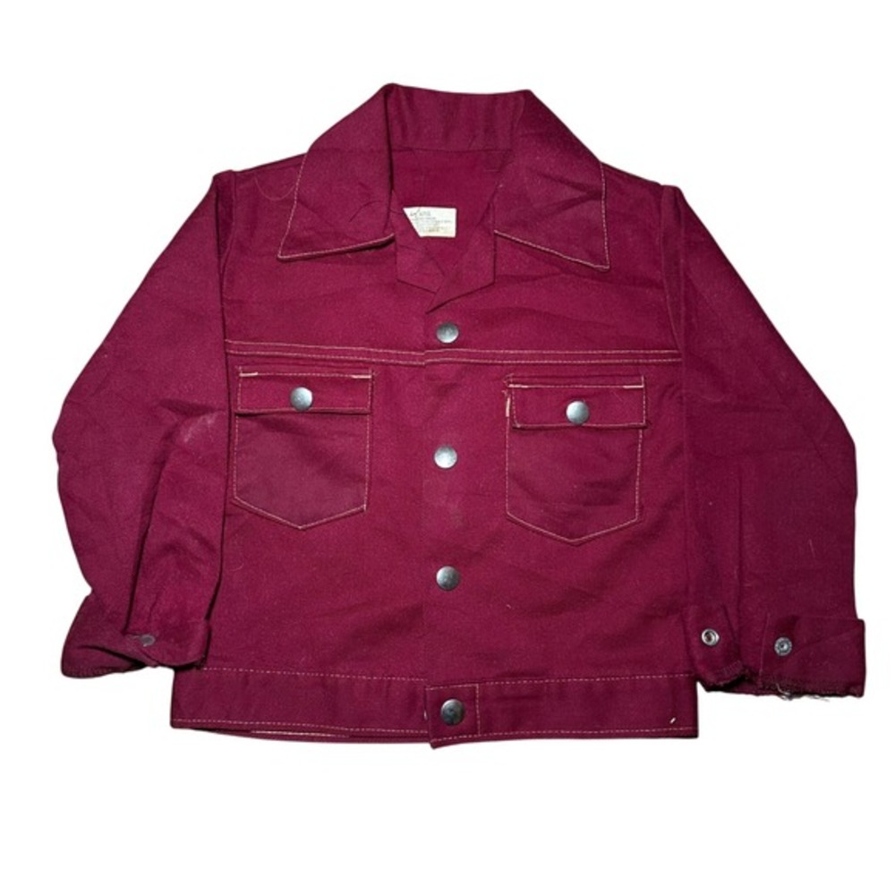 Vintage 60s 70s Kids Burgundy Denim Jacket Patches Mickey Mouse Jack Golf Size 6